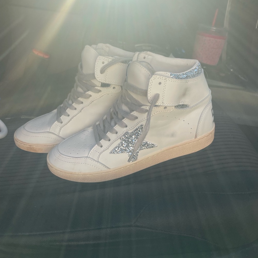 Golden Goose White High-Top Sneakers with Silver Glitter Star Accent - Picture 3 of 4